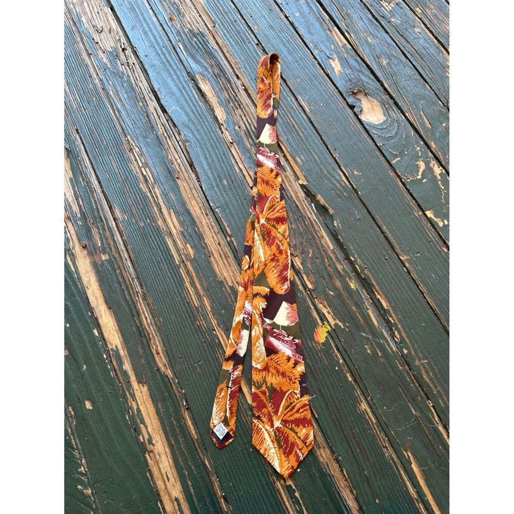 Cellini Collection Mens Silk Tie‎ Tropical Palm Leaf Biplane Print Rust Mustard